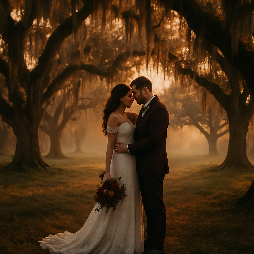 Couple embracing in a Louisiana landscape at sunset