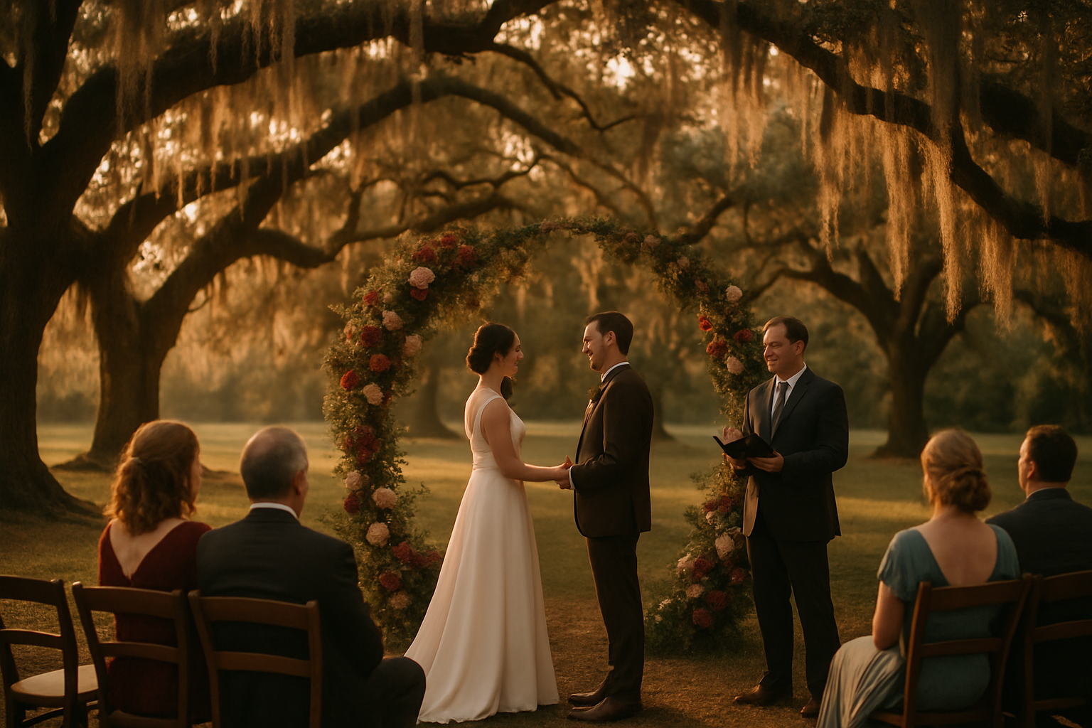 Golden hour Louisiana wedding ceremony beneath moss-draped live oaks
